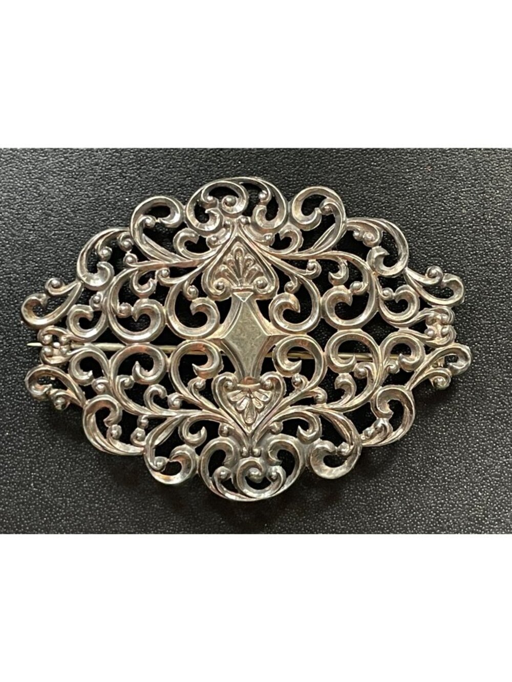 Vintage Silver Tone Openwork Scroll Sash Brooch Ornate Fleur De Lis Pin 2.75"